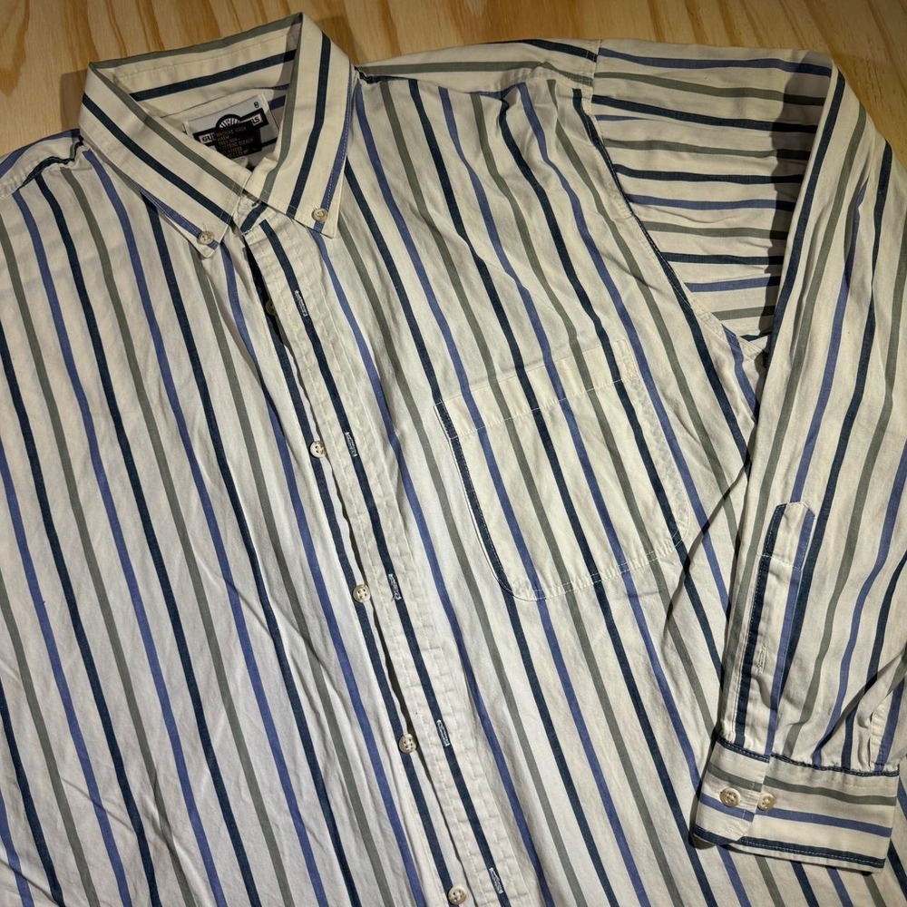Gulf Traders Mens Large Blue Gray Striped Cotton Button Down Shirt Long Sleeve
